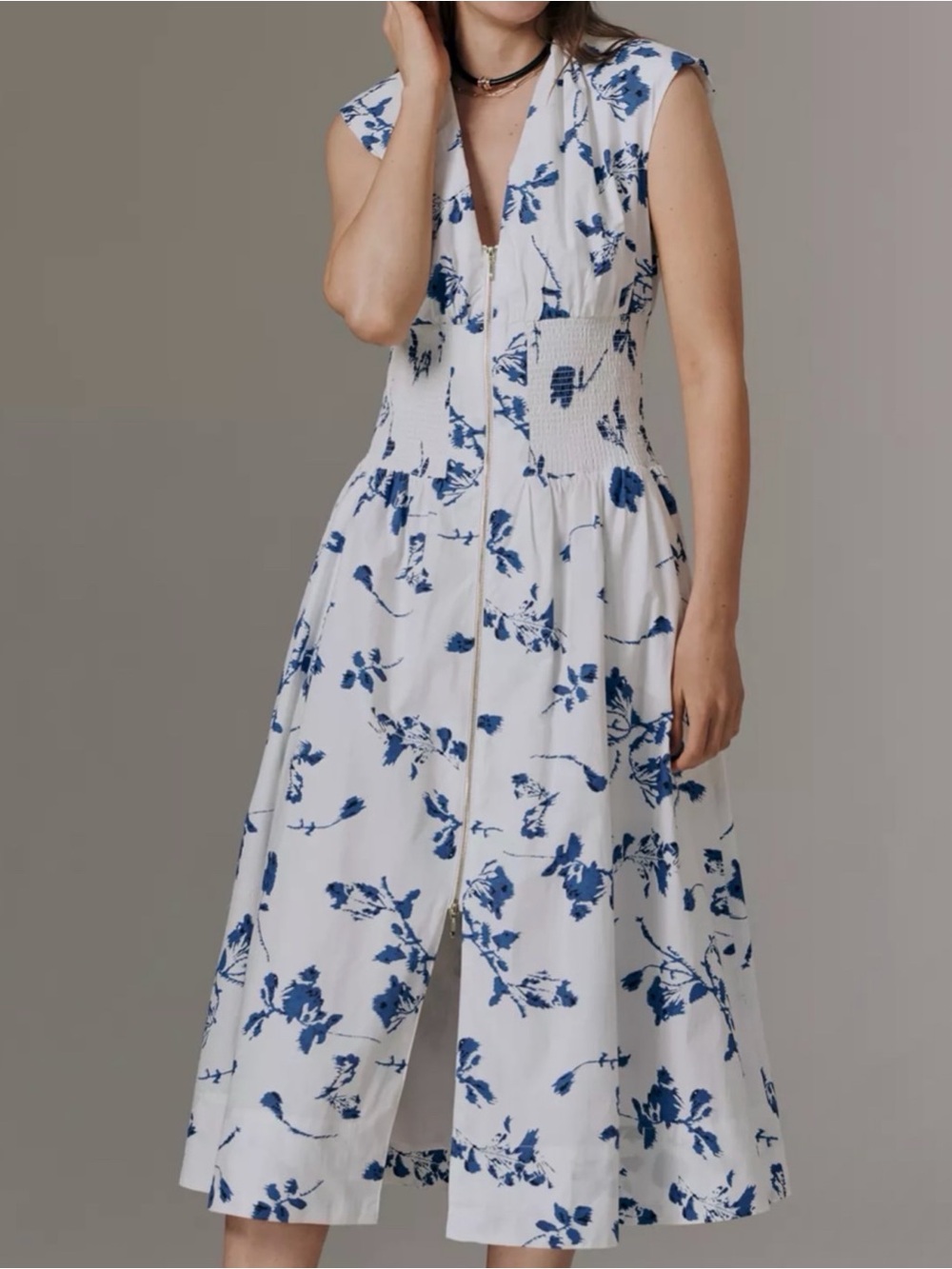 Anthropologie The Tommie Cap-Sleeve Smocked Front-Zip Midi Dress XL NWT Blue